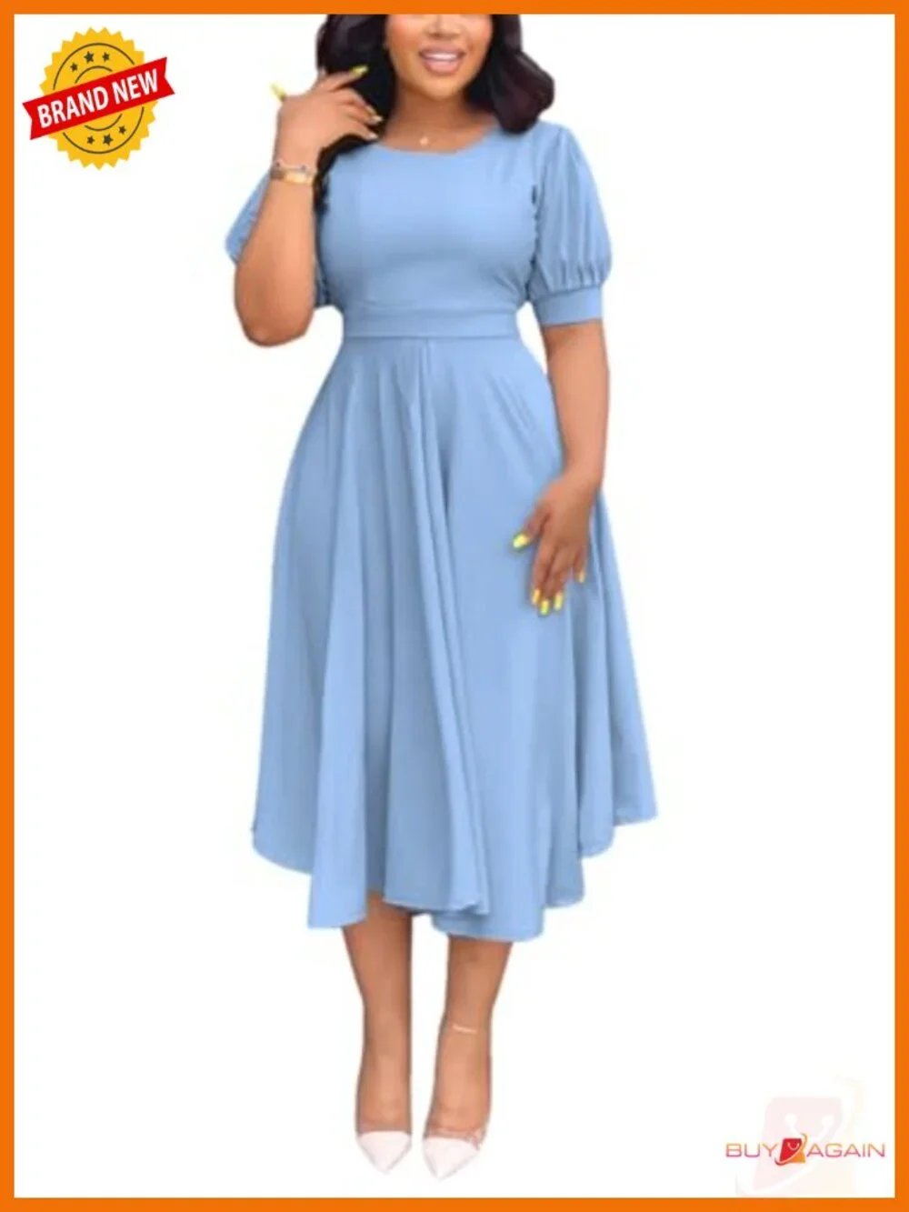 Women's A-Line Maxi Dress Short Puff Sleeve High Waist Casual Semi-Formal